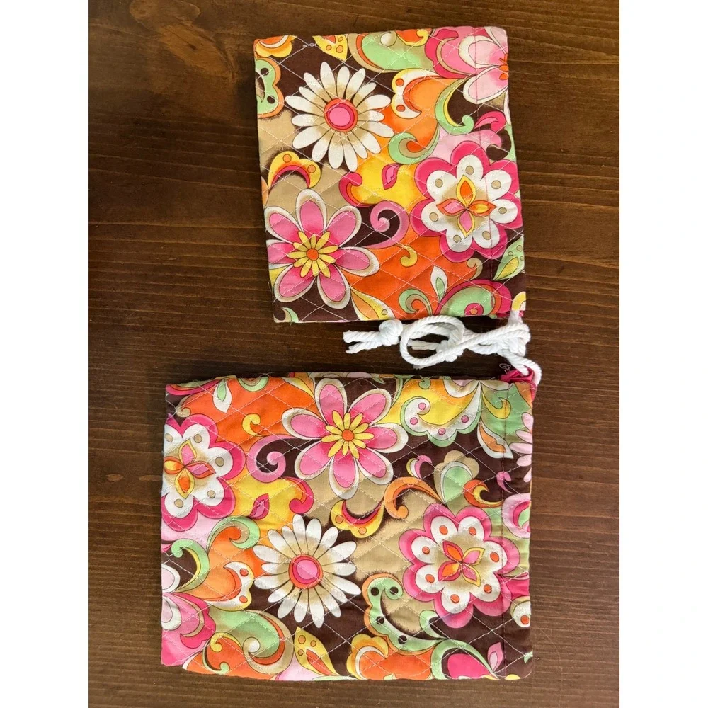 Quilted Floral Paisley Drawstring Pouch Set Retro Pink Orange Green 2pc Bag